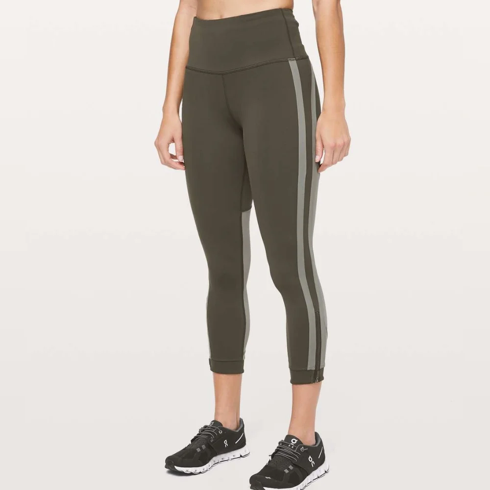 Lululemon Zip The Line Crop Leggings in Dark Olive / Grey Sage
